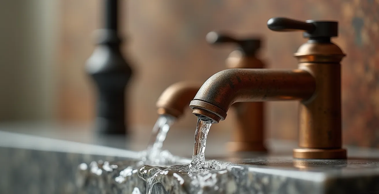Detalle macro de grifería de latón española con texturas contrastantes