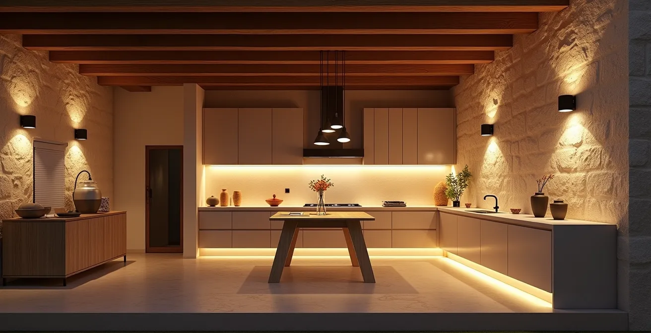 Composición visual mostrando diferentes alturas de iluminación en un espacio interior de estilo español con vigas de madera.
