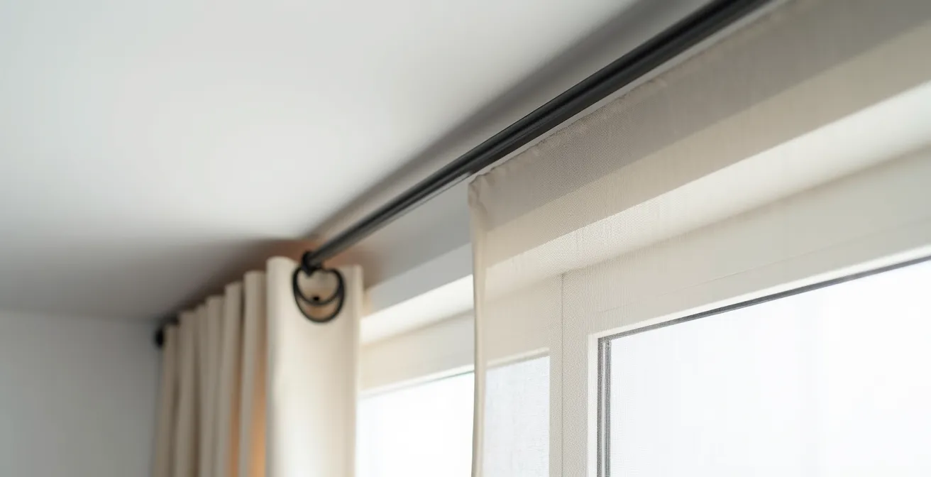 Detalle de instalación de riel oculto en falso techo con cortina efecto suelo a techo