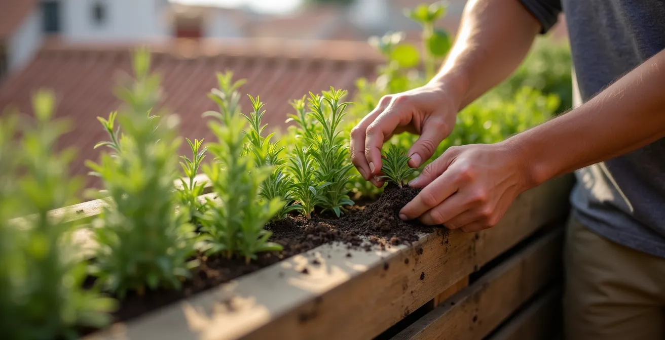 Jardinera vertical de palés con plantas aromáticas mediterráneas en balcón urbano