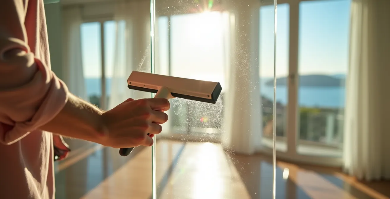 Limpieza profesional de cerramientos de vidrio en vivienda costera española