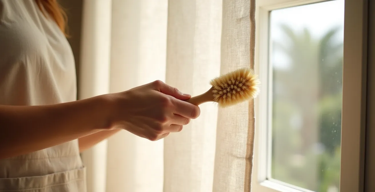 Manos cuidando delicadamente cortinas de lino durante proceso de limpieza
