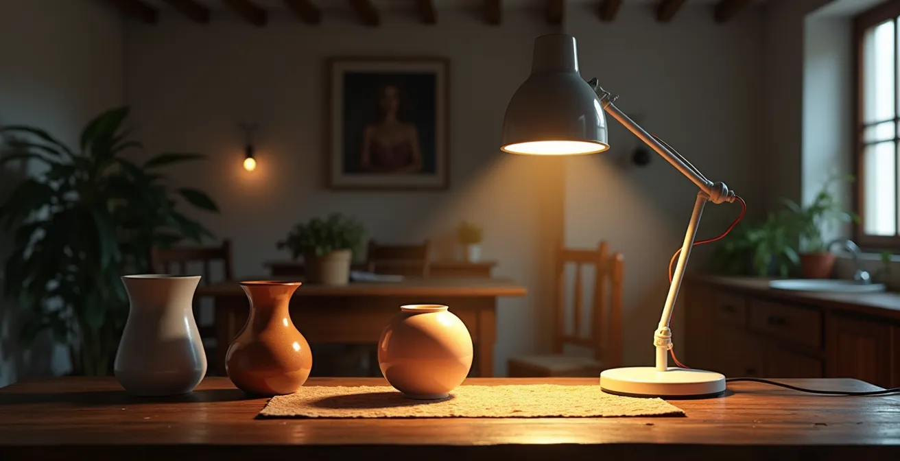 Diagrama visual del método de capas de luz aplicado a una masía catalana con vigas de madera