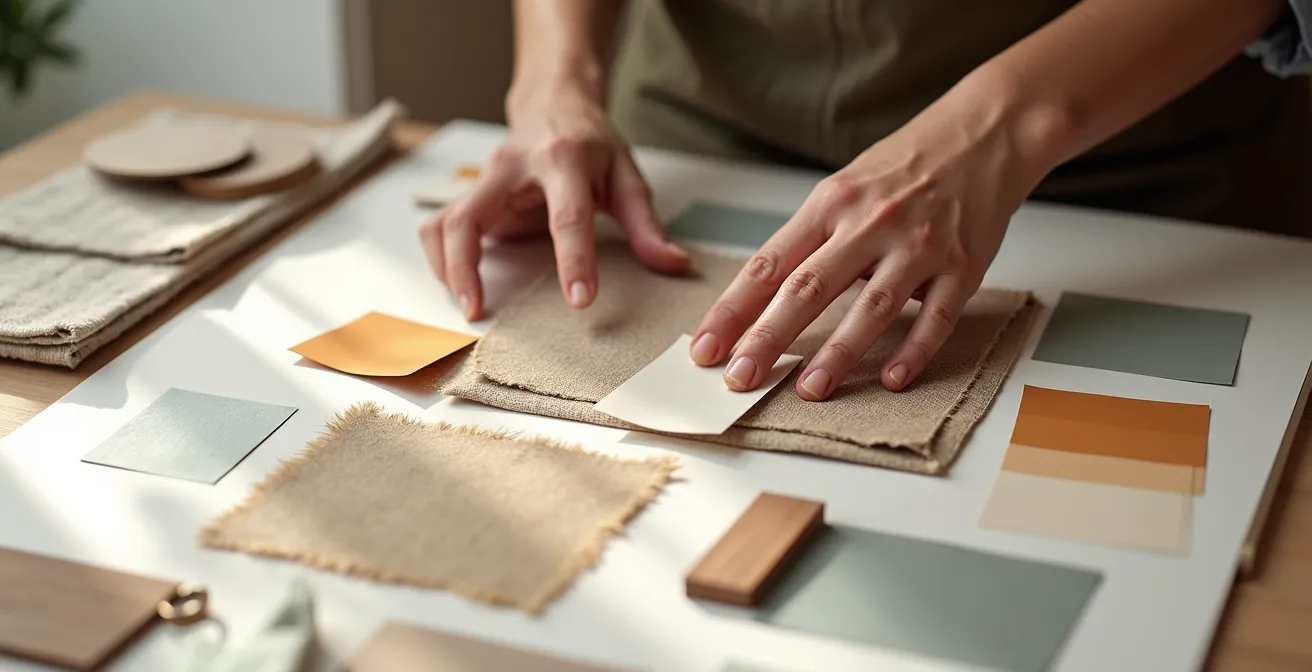 Moodboard físico con muestras de pintura, textiles y maderas para validar la armonía cromática
