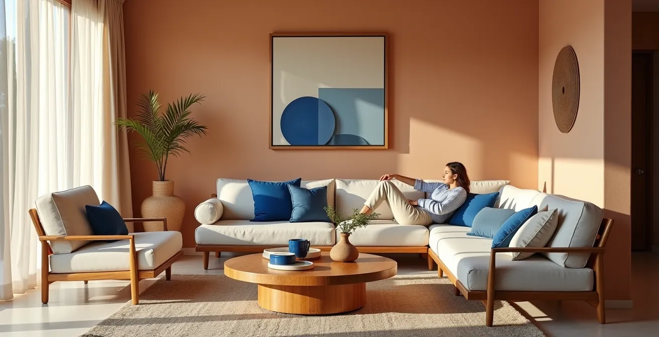 Salón español mostrando la aplicación práctica de la regla 60-30-10 con colores análogos