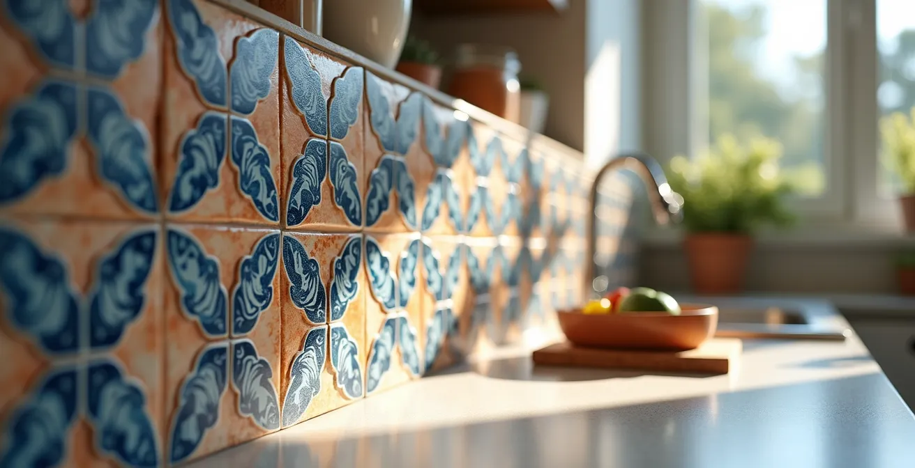 Cocina española moderna con pared de acento de baldosas hidráulicas recuperadas creando un punto focal texturizado