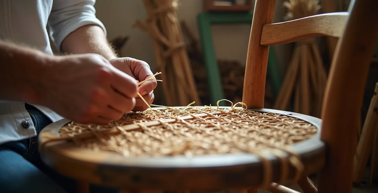 Manos expertas reparando rejilla de mimbre con técnica tradicional española