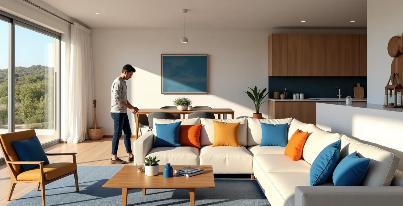 Espacio abierto moderno aplicando la regla 60-30-10 con zonas diferenciadas por color de acento