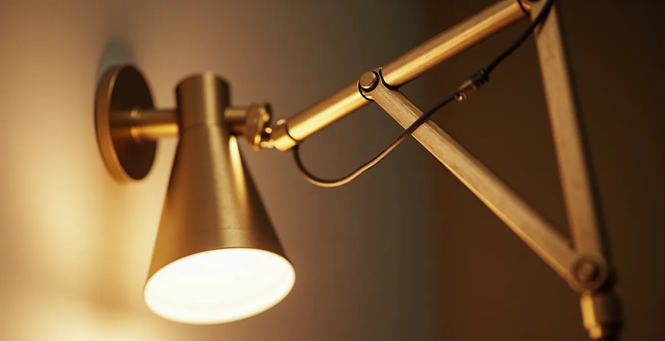 Interior de piso urbano compacto con soluciones de iluminación que maximizan el espacio, como un aplique de lectura en la pared.