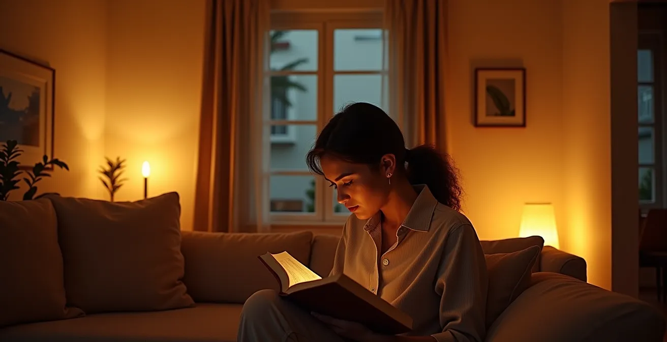 Vista interior mostrando diferentes temperaturas de color creando zonas distintas en un espacio abierto, con una persona leyendo bajo una luz neutra.