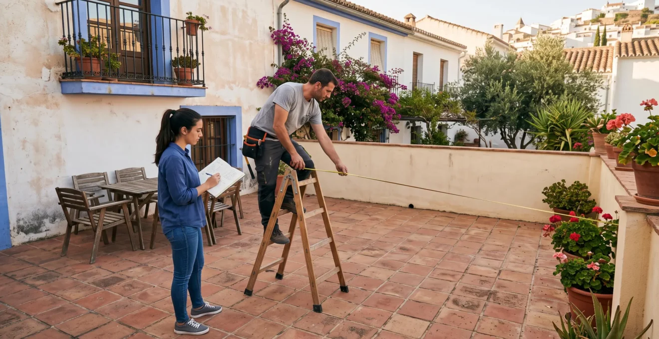 Dos instaladores midiendo el patio de una casa para colocar una pérgola solar.
