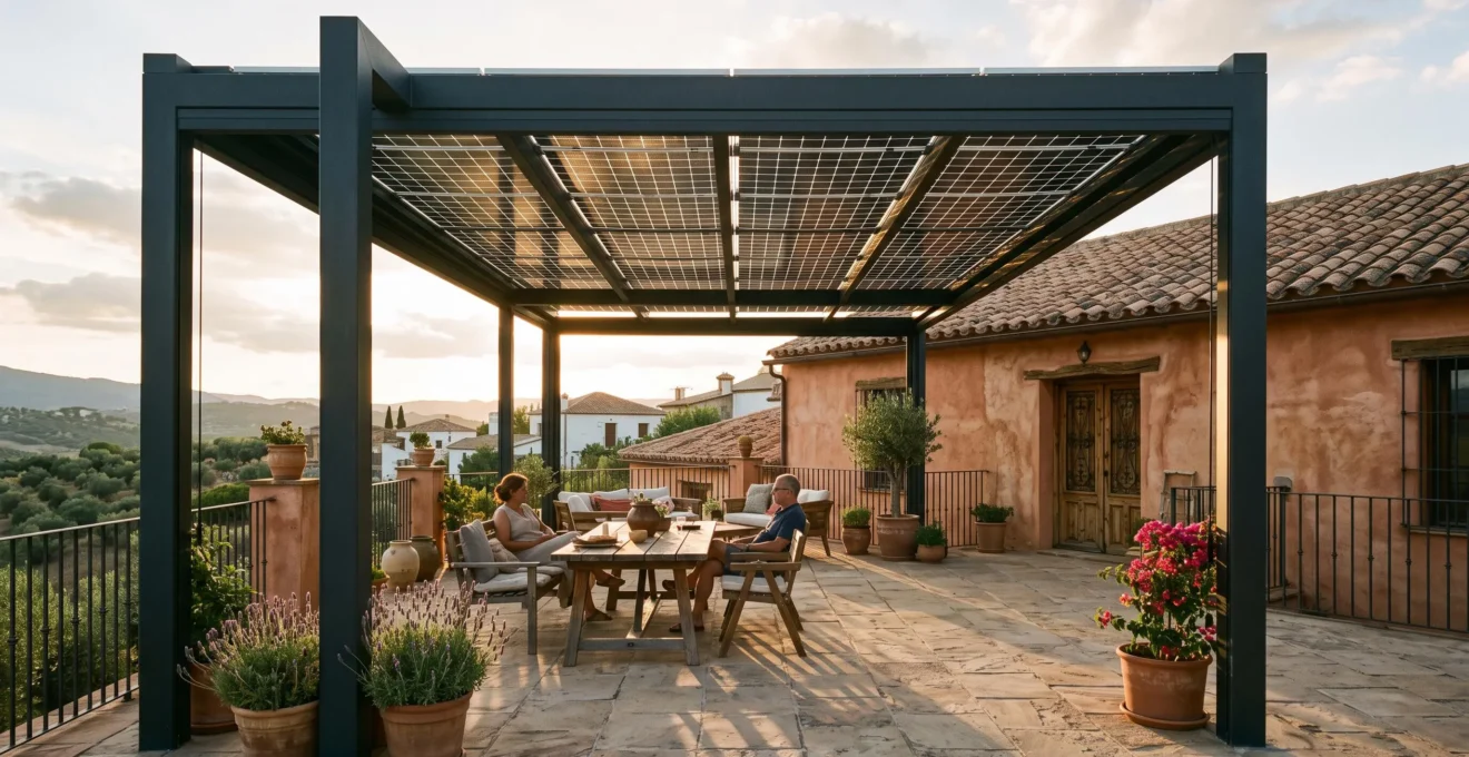 Pérgola solar de aluminio con paneles bifaciales en la terraza de una casa.