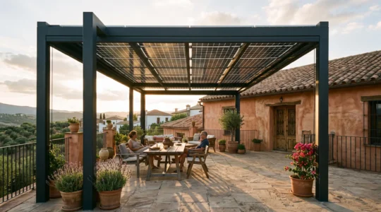 Pérgola solar de aluminio con paneles bifaciales en la terraza de una casa.